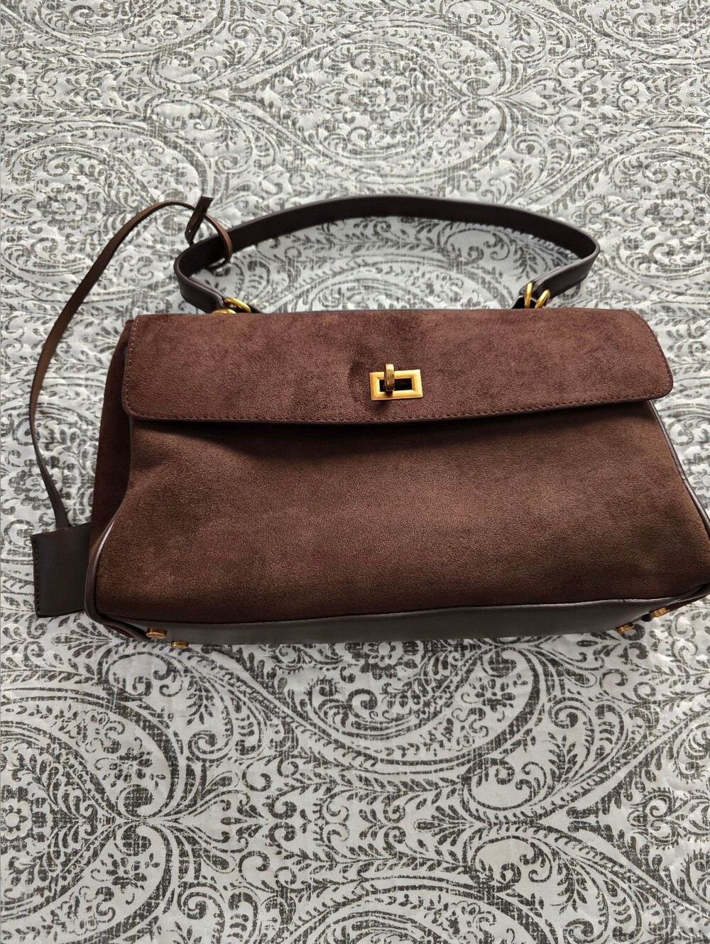 Amazon Brown Suede Shoulder Bag with Gold Hardware